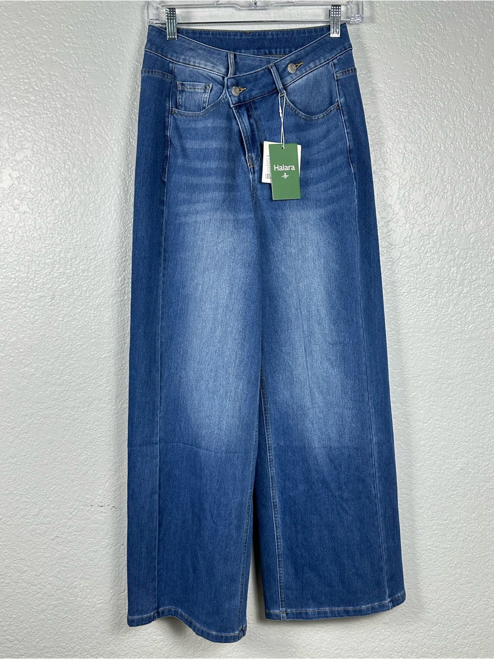 NWT Halara Flex Crossover High Waisted Denim Jeans Blue Wide Leg Small Petite SP